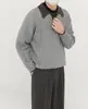 Suéter gola polo canelado, color-block, estilo vintage para homens, caimento casual e relaxado, suéter de tricô solto para outono e inverno