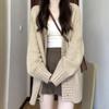 Cárdigan de punto para mujer en otoño e invierno, largo medio, estilo holgazán, holgado, para exterior, grueso, versátil, chaqueta suéter para personas pequeñas
