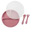 Prato de silicone infantil com compartimentos, tampa contra poeira com ventosa, conjunto garfo e colher, grau alimentício, utensílios para suplementos alimentares, transfronteiriço em estoque