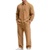Amazon Moda Traje de Lino Europeo y Americano Sencillo Casual Camisa de Manga Larga con Cuello de Solapa y Pantalón Recto Conjunto de Dos Piezas
