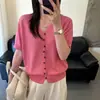 Cárdigan de Punto de Seda Helada con Botones Irregulares y Cuello en V para Mujer, Estilo Europeo 2026 Verano Nuevo Holgado Moda Europea Camiseta Top
