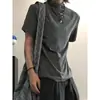 Camiseta curta de tricô slim fit respirável com gola cruzada de um ombro, estilo retrô americano, cor cinza esfumaçado, para homens e mulheres