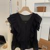 Camisa sin mangas fruncida de verano estilo francés, top corto, negro, cuello en V, manga corta tipo volante, camisa tipo muñeca de gasa para mujer