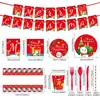 Decoración de Bandera con Temática Navideña para Fiestas, Decoración de Ambiente, Mantel Desechable Ecológico, Plato de Papel, Servilleta de Papel, Vaso de Papel
