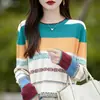 Camiseta base ligera, elegante y versátil para mujer, nueva para primavera y otoño, algodón puro, bloques de color, rayas de arcoíris, tejido jacquard, manga larga