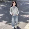 Stylish Dulce Mediano a Grande Infantil Rayas Bloque de Color Cuello Polo Falso Dos Piezas Sudadera Personalidad Niña Lindo Conjunto de Jeans