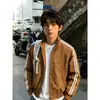 Jaqueta desconstruída listrada estilo americano azul marinho, look de outono masculino, gola alta, jaqueta bomber, curta, jaqueta de beisebol high-street