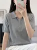 Camiseta de algodão puro com gola polo e manga curta para mulheres, corte justo, elegante e simples, blusa de tricô com gola de lapela e meio zíper, estilo curto
