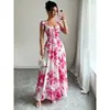 Vestido longo de alcinha com estampa floral rosa popular transfronteiriço europeu e americano, acinturado, emagrecedor, elegante, estilo resort, modelo evasê