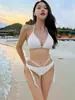 Nuevo Bikini Estilo Coreano para Mujer, Traje de Baño de Dos Piezas, Realce de Busto Pequeño, Adelgazante, Cubre Vientre, Estilo Vacaciones, Sexy Cuello Halter, Copa Triángulo