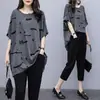 Roupa feminina plus size terno para menina cheinha irmã gorda camiseta de manga curta estilo ocidental cobrindo a barriga emagrecedor conjunto de duas peças