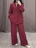 Estação Independente Europeia e Americana 2024 Outono Nova Moda Algodão e Linho Manga Longa Meio Cardigã Casual Plissado Calça de Perna Larga Conjunto