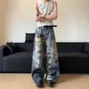 Jeans Feminino Ac3D Impressão Digital Desgastado Grafite Vintage Solto de Perna Larga Casual Versátil