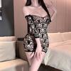 Jinxiao Ropa Interior Sexy Talla Grande Falda Corta Manga Media Abertura en la Entrepierna Jacquard Mono Pijama Pura Pasión de una Pieza Medias de Malla para Mujer