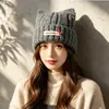 Gorro de lana grueso estilo coreano con orejas de gato para mujer con circunferencia de cabeza grande, gorro de punto cálido y afelpado para clima frío