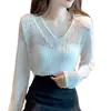 Moda Nueva Primavera 2025 Transfronteriza Estilo Coreano Rayas Hueco Cuello en V Tejido de Punto para Mujer Verano Cubierta de Punto Protector Solar