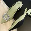 Sandalias Baotou para Mujer Verano Hebilla Cuadrada con Pedrería Tacón Bajo Tacón Pequeño Tacón Delgado Tacones Altos Punta Fina Zapatos Planos de Tacón Bajo para Mujer de Moda
