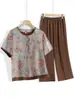Elegante conjunto de dos piezas de verano con estampado de manga corta para mujeres de mediana edad y mayores, atuendo holgado y elegante de talla grande, ropa de verano para madres