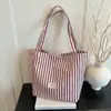 Bolsa de Lona Listrada Estilo Coreano Estilo Preguiçoso Grande Capacidade Bolsa de Ombro Casual Bolsa de Compras Bolsa Feminina Versátil para o Dia a Dia Bolsa Tote