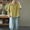 2026 Novo Estilo Artístico Simples Casual Manga Curta Camiseta para Mulheres Verão Solta e Versátil Cor Pura Casual Pulôver Top para Mulheres