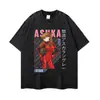 Camiseta de manga corta negra lavada con efecto desgastado y estampado de anime, estilo retro americano, corte holgado, marca de moda, cuello redondo, manga corta, transfronteriza
