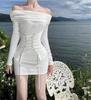 Vestido Blanco Elegante Cruzado Asimétrico de Manga Larga para Mujer, Temporada de Primavera y Otoño, Ceñido a la Cintura, Bodycon, Vestido Ultra Corto, Transfronterizo