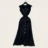 Vestido de Punto Delgado con Botones Metálicos, Cuello Redondo, Sin Mangas, Estilo Chanel, Transfronterizo, para Mujer, Nuevo Estilo 26, Ceñidor de Cintura, Largo