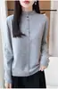 Outono e Inverno Novo Feminino Bainha Dobrada Gola Meio Aberta Botão 100% Lã Camada Interna Slim-Fit Camada Base Roupa de Exterior Manga Longa Suéter de Tricô