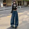 Jeans retro lavados de pierna ancha con cordón para mujer, nuevos de cintura alta, estilo holgado de ropa de trabajo, pantalones largos adelgazantes