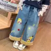 Jeans con Bordado de Dibujos Animados para Niñas Pantalones Largos Casuales de Pierna Ancha Sueltos Estilo Coreano para Bebés Niñas Primavera Otoño