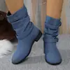 Botas de media caña plisadas retro nuevas transfronterizas para mujer, doble hebilla de cuero, botas de jinete, estilo británico, adelgazantes, talla grande, zapatos de mujer de comercio exterior