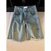 Shorts de Mezclilla Desgastados y Rotos de Cintura Alta para Mujer, Nueva Moda Verano 2025, Shorts Rectos de Pierna Recta Adelgazantes Sueltos de Longitud Media