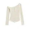 Camiseta Purely Sexy de Manga Longa com Patchwork de Renda em Um Ombro Só, Nova Moda Primavera, Top Irregular Estiloso de Corte Justo