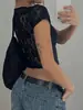 Top Corto de Encaje Hueco de Color Sólido con Cuello Redondo, Manga Corta, Ajustado, Sexy, Casual, Estilo Y2K Europeo y Americano, para Exportación