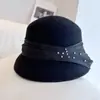 Lámpara de Casquillo con Lazo de Seda de Cáñamo Perla Francesa Sombrero de Pescador para Mujer Otoño e Invierno Sombrero de Fieltro de Lana Australiana Sombrero de Copa Vintage