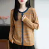 Nueva Colección Otoño/Invierno 2026: Cárdigan de punto fino con cuello en V, manga larga, a rayas de bloques de color para mujer, corte holgado, top versátil