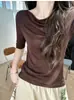 ¡Seda, cachemira, lyocell! Top tipo camiseta ultrasuave y fino para mujer, con cuello de solapa de una línea y manga de tres cuartos entallado, nuevo para principios de otoño 26