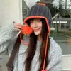 Gorro de Tricô com Franja para Mulheres, Estilo Coreano, Emagrecimento Facial, Versátil, Quente, Chapéu Lei Feng de Proteção Auricular para Outono e Inverno