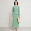 Traje de Dos Piezas para Mujer con Pliegues Estilo Miyake, Manga Larga, Otoño, Elegante Cárdigan Ajustado a la Cintura, Falda con Caída