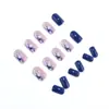Unhas postiças de cor sólida azul Klein, quadradas curtas azul royal com base nude, cores contrastantes azul e branco, unhas postiças simples e estilosas