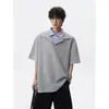 Camiseta Listrada de Manga Curta com Gola Falsa de Duas Peças para Homens, Marca Tendência Oversized Solta, Camiseta de Meia-Manga de Verão