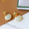 Brincos de Saco de Dinheiro Ruyi com Cadeado Pequeno de Jade Branco Natural de Hotan com Turquesa Natural, Vermelho do Sul e Inlay de Prata de Lei 925
