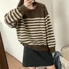 Suéter de Punto a Rayas Cuello Redondo Estilo Coreano para Mujer Moda Otoño/Invierno Holgado Moderno Elegante Se Puede Usar por Dentro o por Fuera Gris Talla Única para la Mayoría