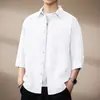 Camisa de lino Tencel con tacto fresco, manga tres cuartos para hombre, fina de verano, holgada, suave, fácil de cuidar, de manga corta