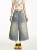 Calça Jeans Wide Leg Estampada de Estrela Retro Americana Transfronteiriça para Homens, Novo Estilo de Verão, Lavada e Desgastada, Calça Cropped de Caimento Solto