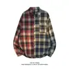 Camisa de Manga Larga a Cuadros Bloque de Color Patchwork con Flecos Estilo Americano, Top Holgado de Marca Tendencia, Camisa con Diseño Vintage