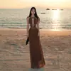 Vestido Sexy de Malla Hueca con Pedrería Estilo Francés, Vestido de Noche Adelgazante Estilo Hot Girl, Vestido Largo sin Espalda para Vacaciones en la Playa