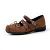 Sapatos femininos com salto interno de 4 cm, estilo da Mãe Uva, com laço, sapatilhas nariz de porco, sapatos Mary Jane de tira cruzada