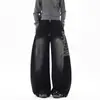 Pantalones de Chándal Lavados de Peso Pesado con Estampado de Letras para Hombres y Mujeres, Pantalones de Pierna Ancha Retro Trendy con Efecto Desgastado para Otoño, Pantalones Casuales con Dobladillo Curvo hasta el Suelo