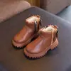 Botas de invierno para niños estilo Martin con forro polar, botas de cuero gruesas y cálidas, botas de media pantorrilla con cremallera lateral, zapatos con lazo para niños y niñas